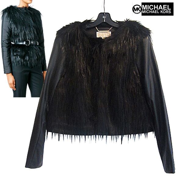 MICHAEL Michael Kors NEW Raccoon Faux Fur/Leather Sleeves Moto Jacket L
